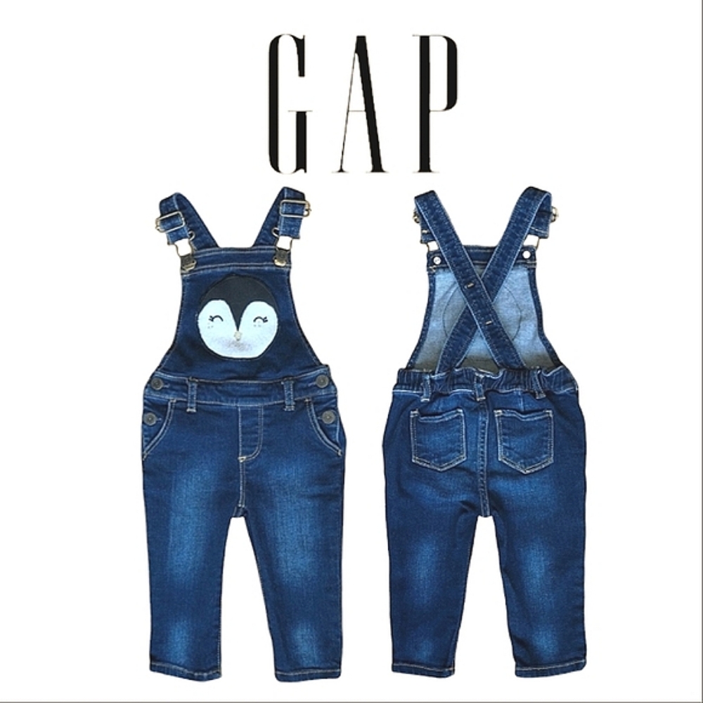 GAP Toddler Blue Denim Overalls Fleece Penguin Patch Adjustable Straps 4yr